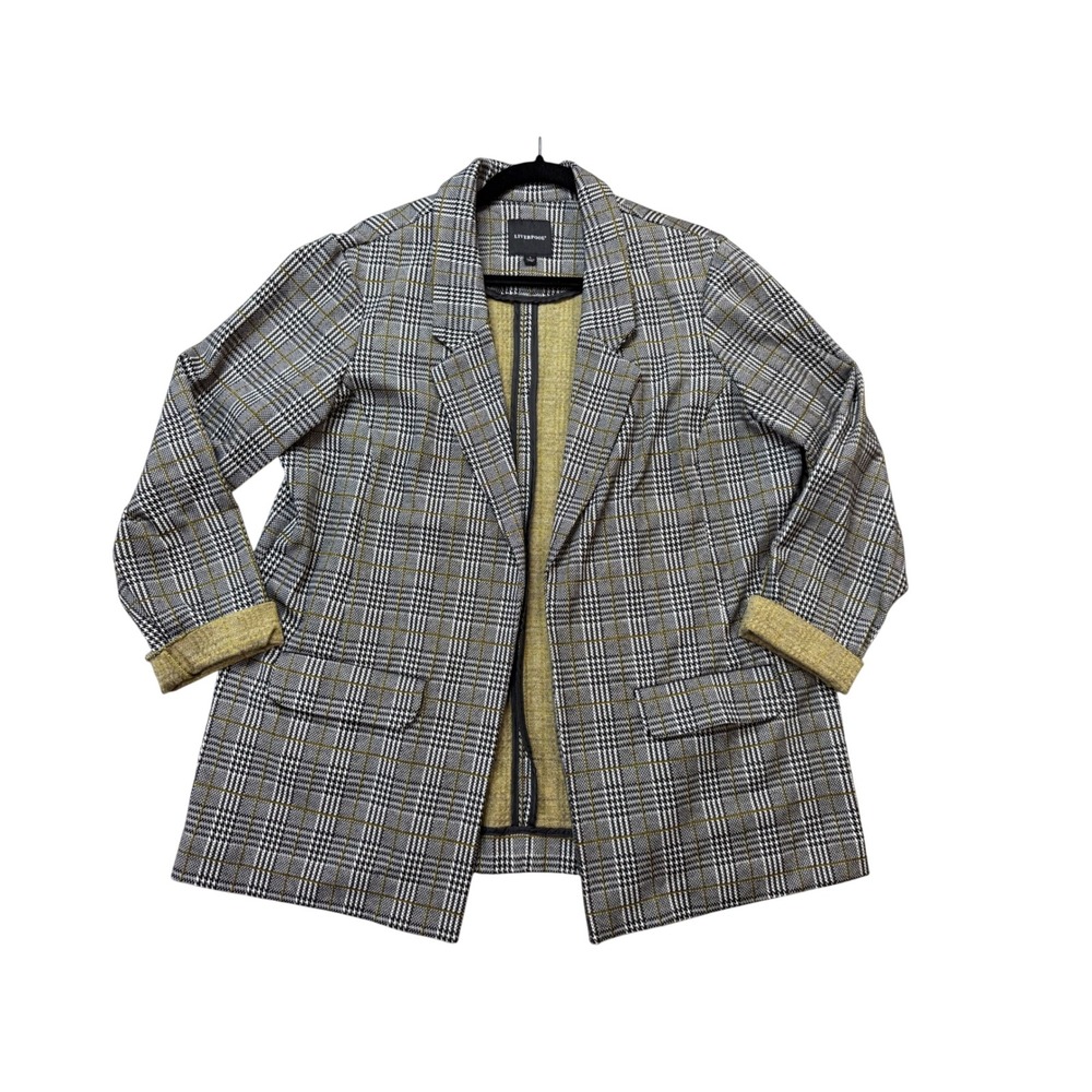 Liverpool Blazer Womens Large Black White Mustard Plaid Glen Check Jacket EUC